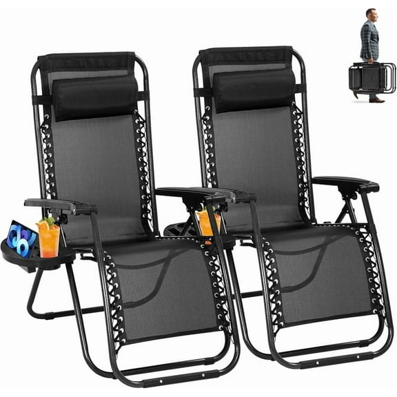 Simenmax Set of 2 Zero Gravity Chair, Outdoor Lounge Chairs, Portable Folding Reclining Camping Chair, Black