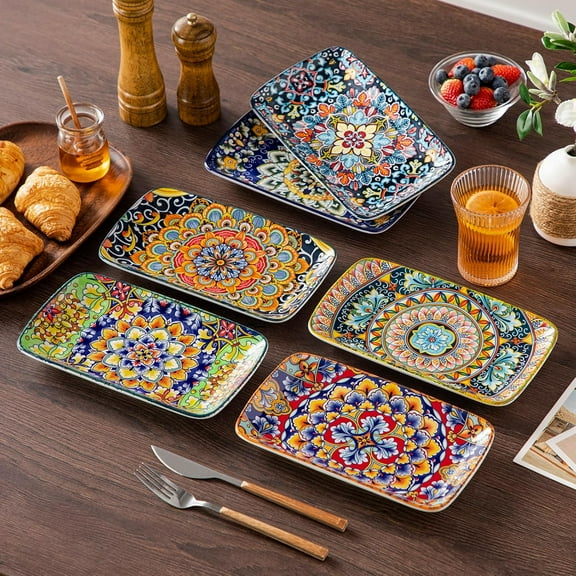 Simi 9.5 Inch Rectangular Dinner Plates Set of 6 - Bohemian Floral Design in 6 Vibrant Colors, Microwave & Dishwasher Safe Porcelain Plates for Salad, Appetizers, Entertaining