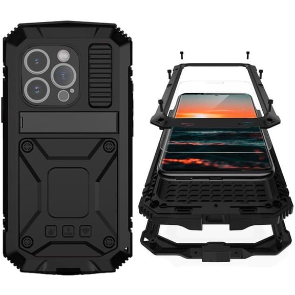 Simicoo Compatible with iPhone 16 Pro Max Metal Case Screen Protector Camera Military Rugged Heavy Duty Shockproof Kickstand Full Body Tough Dustproof (Black)