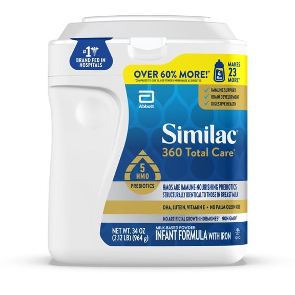 Similac 360 Total Care Baby Formula Powder, Has 5 HMO Prebiotics, 34-oz tub