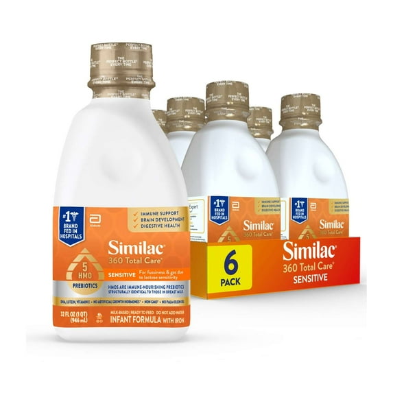Similac 360 Total Care Sensitive Ready-to-Feed Baby Formula, Has 5 HMO Prebiotics, 32-fl-oz Bottle