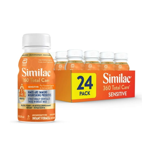Similac 360 Total Care Sensitive Ready-to-Feed Baby Formula, Has 5 HMO Prebiotics, 8-fl-oz Bottle, Pack of 24