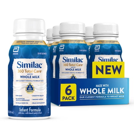 Similac 360 Total Care Made With Whole Milk Ready-to-Feed Baby Formula, 8-fl-oz Bottle, Pack of 6