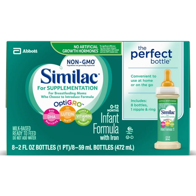 Similac For Supplementation, 48 Bottles, Gentle, Non-GMO Infant Formula, for Breastfed Babies, with Prebiotics, Supports Brain & Eye Development, Ready to Feed, 2-fl-oz Bottle