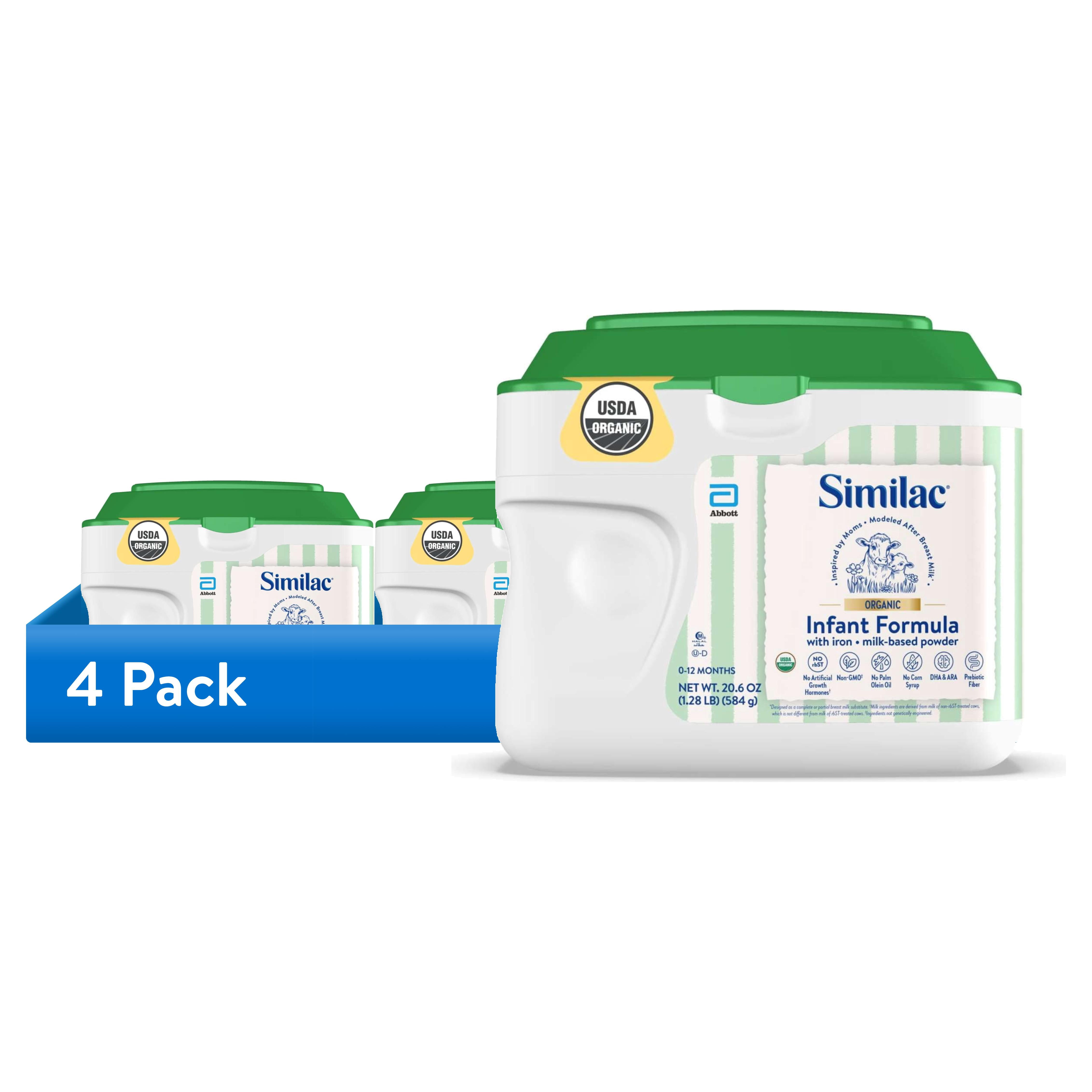 (4 pack) Similac Organic Baby Formula Powder, USDA-Certified Organic, 20.6-oz Tub