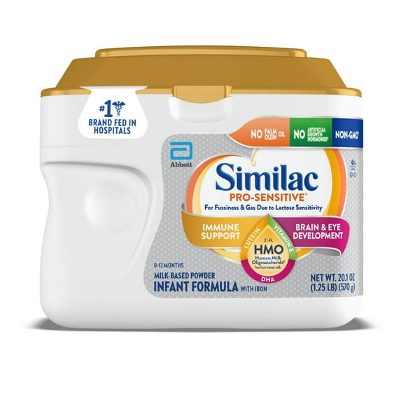 Similac Pro-Sensitive Powder Baby Formula for Lactose Sensitivity, With 2’-FL HMO for Immune Support, 20.1-oz Tub