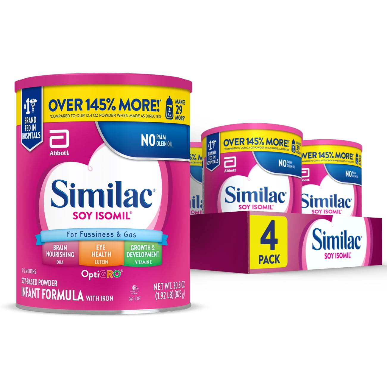 Similac Soy Isomil Powder Baby Formula, 30.8oz Can, Pack of 4
