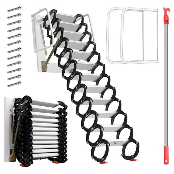 12 Steps Attic Stairs Alloy Attic Access Ladder with Attic Steps Pull Down, Black Pulldown Attic Stairs, Wall-mounted Folding Stairs with Armrests, 9.8 FT Height