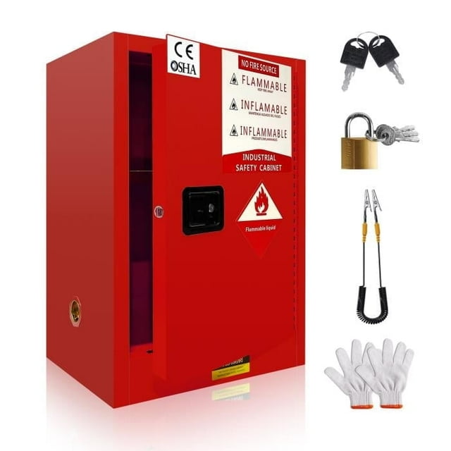 Commercial-Grade 12 Gallon Flammable Storage Cabinet - 35"x23"x18.2", Galvanized Steel Safety Cabinet with Adjustable Shelves, Red