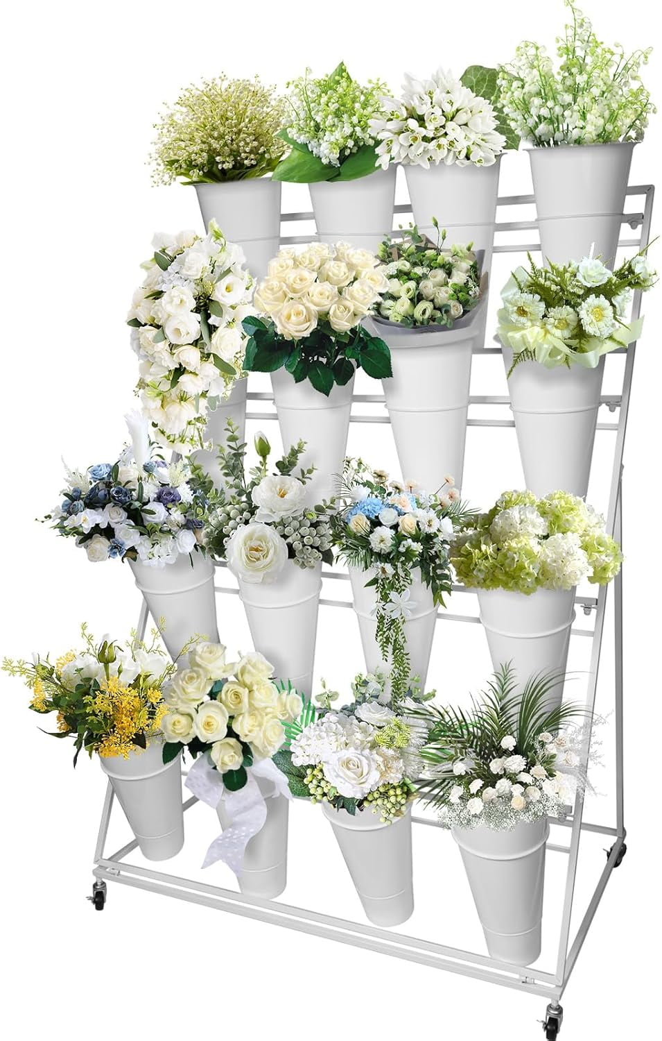 Flower Stands 3-Tier Metal Flower Display Stand With Buckets & Wheels ...