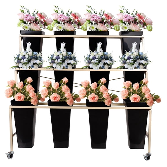 Heavy Duty Movable Plant Stand - 12 Buckets 3-Tier Cart for Versatile Indoor and Outdoor Use(Black)