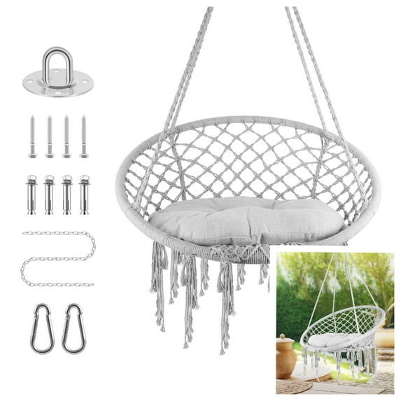 Hammock Chair, Hanging Swing with Macrame and Cushion, and Hardware Kit, Max 330 Lbs, Adult Swings for Outside, for Indoor, Outdoor, Bedroom, Patio, Yard, -Grey