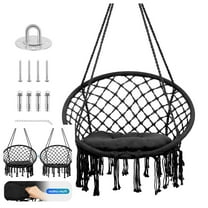 Hammock Chair, Hanging Swing with Macrame and Cushion, and Hardware Kit,Adult Swings for Outside, Max 330 Lbs, Patio, Balcony, Bedroom-Black