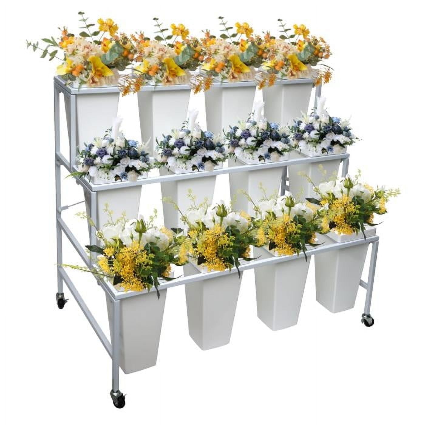 Heavy Duty Moving Flower Rack with 12 Pcs White Square Bucket, 3-Layer ...