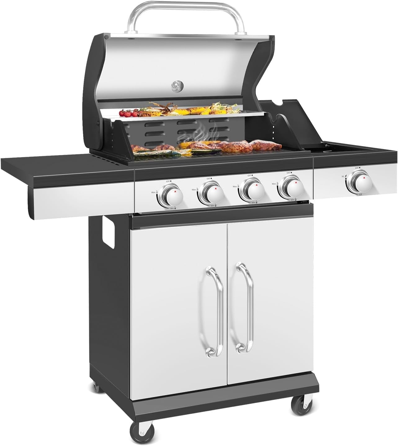Coleman BBQ 4-Burner, 45K BTU, Side Burner, Storage Shelves Coleman BBQ 4-Burner, 45K BTU, Side Burner, Storage Shelves
