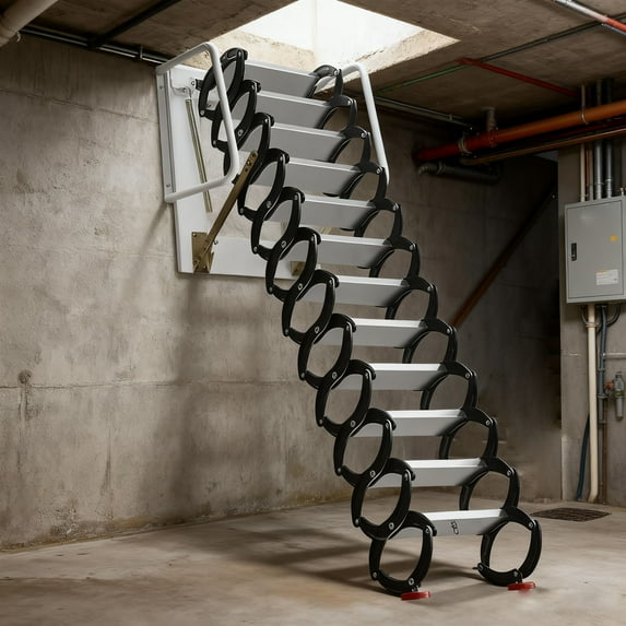 Pull Down Attic Ladder 12 Steps, 10FT Retractable, Al-Mg Alloy Attic Folding Stairs Loft Ladder Ceiling Mounted with Pull Rod, Attic Steps with Armrests