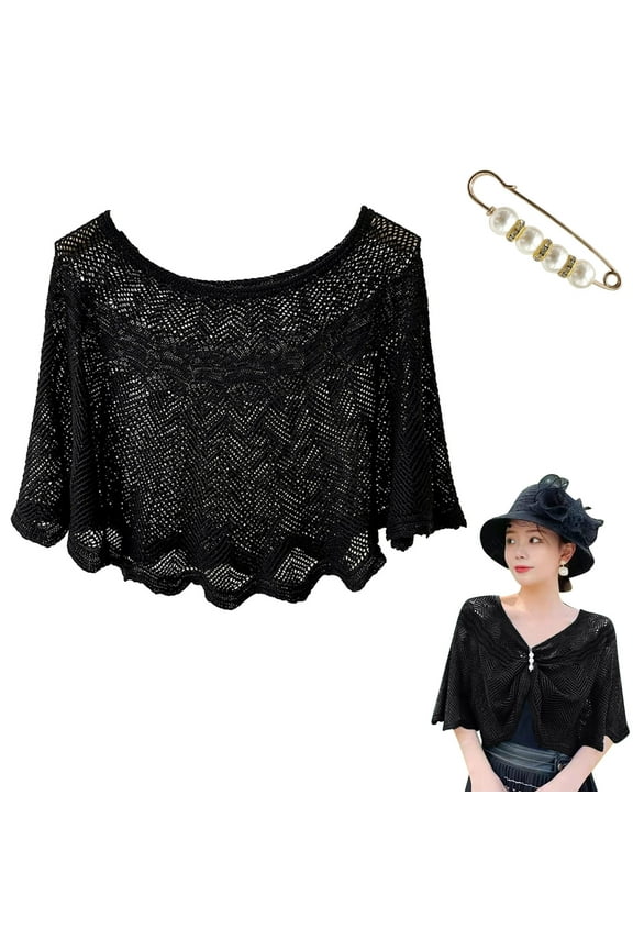 Simin Shawl Wraps for Women, Women Casual Open Knit Top Lace Summer Lightweight Solid Hollow Out Knitted Sun Proof Shawl Wraps, Black One Size Lady Shawl