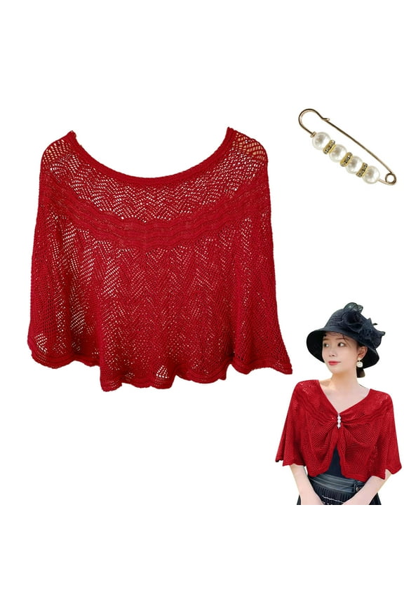 Simin Shawl Wraps for Women, Women Casual Open Knit Top Lace Summer Lightweight Solid Hollow Out Knitted Sun Proof Shawl Wraps, Red One Size Lady Shawl