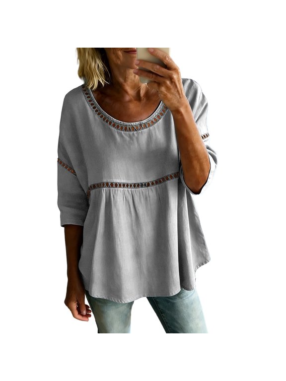 3/4 Sleeve Tops For Women Lace Patch Casual Blouses Round Neck Loose Fit Trendy Spring Summer 2026 Dressy Work Shirts Vacation Clothes, Grey, XL