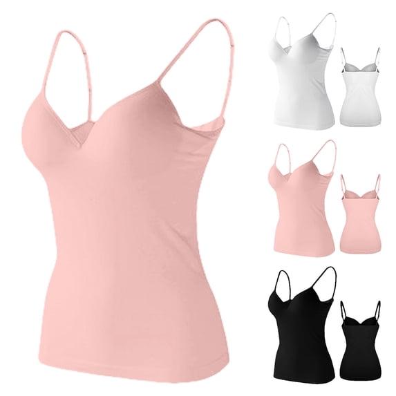 Siminsem Adjustable Strap Molded Cup Camisole for Women with Built in Bra Scoop Neck Sleeveless Cotton Tank Top Wireless Undershirt Basic Layering Cami Top, Pink,XXL