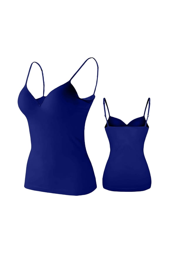Adjustable Strap Shelf Bra Camisole for Women with Built in Bra Scoop Neck Sleeveless Cotton Tank Top Wireless Undershirt Basic Layering Cami Top, Navy,XXXL