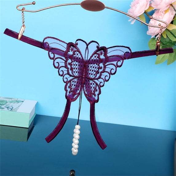 Siminsem Butterfly Pearl Thong for Women Cutout Pendant Underwear Low Rise T-Back Panties with Faux Beads Lace Romantic Nightwear Gift One Size, Purple,M