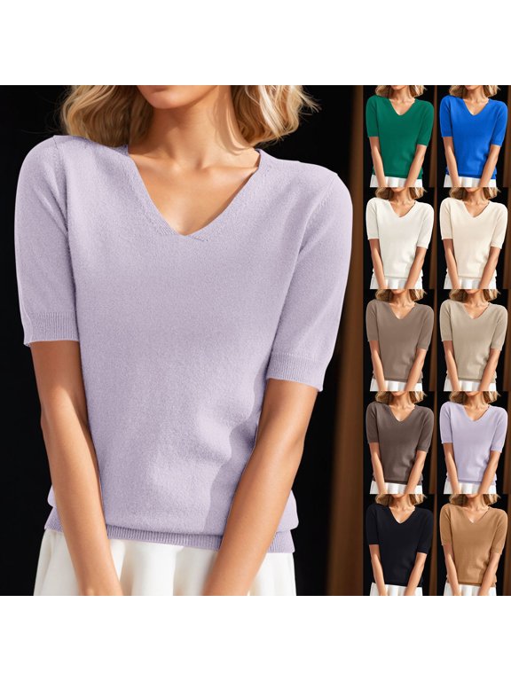 Casual V Neck T Shirts for Women Short Sleeve Summer Tops Flowy Loose Fit Cute Lightweight Tee Blouses 2026 Trendy Spring Clothing Daily Wear, Purple, L