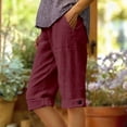 thumbnail image 1 of Siminsem Cotton Linen Shorts for Women High Waisted 5" Inseam Cuffed Hem Drawstring Elastic Waist with Pockets Summer Casual Five Point Pants Beach Travel Lounge, Wine, L, 1 of 4