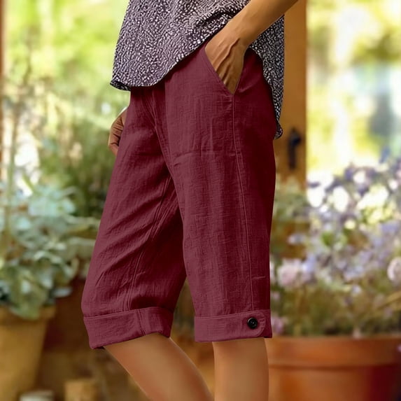 Siminsem Cotton Linen Shorts for Women High Waisted 5" Inseam Cuffed Hem Drawstring Elastic Waist with Pockets Summer Casual Five Point Pants Beach Travel Lounge, Wine, L