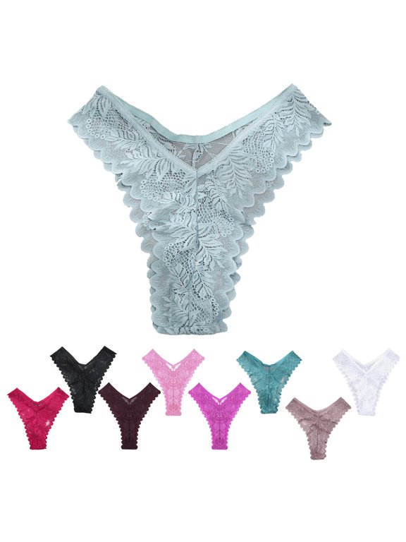 High Cut Lace Thong for Women Low Rise Seamless T-Back Panties Sheer Floral Underwear No Show Hollow Out Breathable Cotton Crotch Multipack S-XXL, Light Blue,M