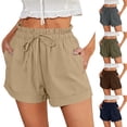 thumbnail image 1 of Siminsem High Waisted Linen Blend Shorts for Women Summer Casual Wide Leg Loose Fit Drawstring Beach Vacation Clothes 2026 with Pockets Elastic Waistband Pull On Lounge Bottoms, Khaki, L, 1 of 5