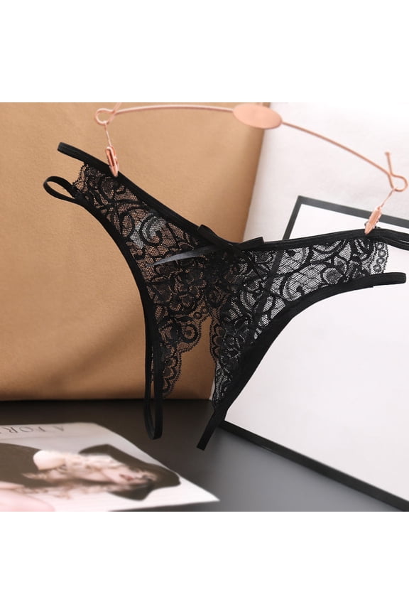 Lace Open Crotch Panties for Women Low Waist Crotchless Underwear Adjustable Briefs Breathable Stretchy Romantic Couples Gift S-XXL, Black,One Size
