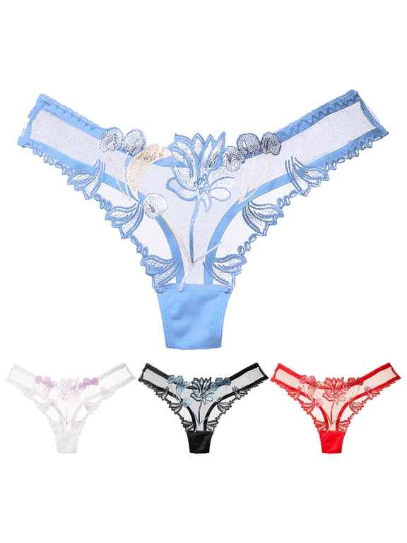 Lace Thong for Women Embroidered Sheer Panties No Show T-Back Underwear Feminine Floral Lace Breathable Stretchy Multipack S-XXL, Blue,One Size