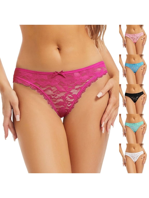 Low Rise Lace Thong Underwear for Women Floral Panties Stretchy Breathable Soft Cotton Cheeky Tanga Briefs No Show with Bowknot Multipack S-XXL, Hot Pink,L