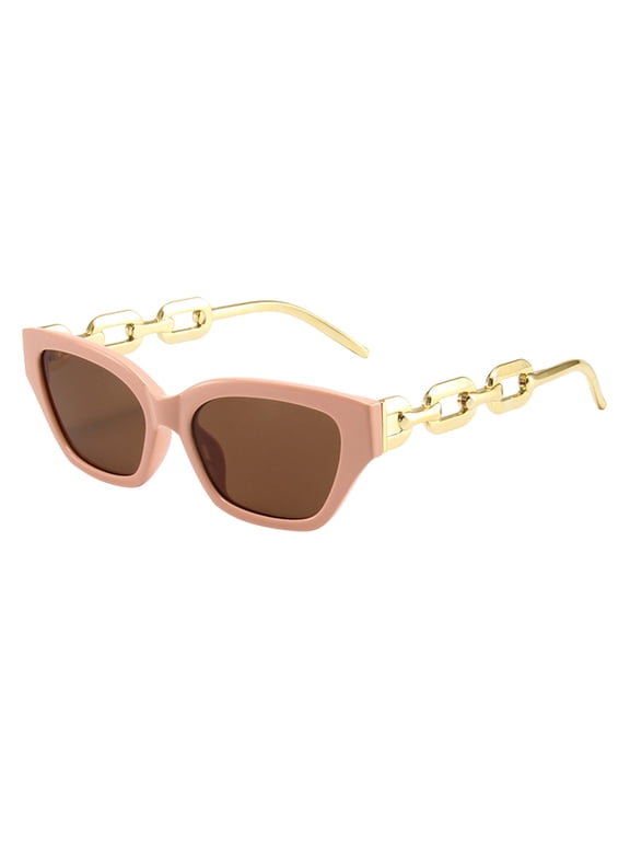 Metal Chain Sunglasses for Women, Hip Hop Style Polygonal Small Frame Sun Glasses, Trendy Chunky Chain Shades with UV Protection, Pink, One Size