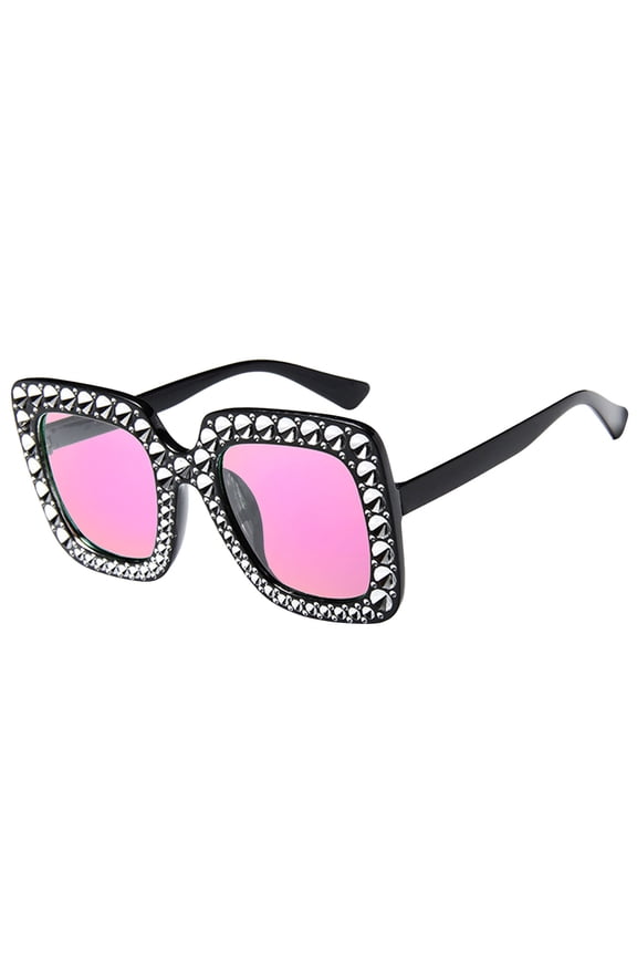 Oversized Square Sunglasses with Rhinestones, Bling Bling Crystal Frame Sun Glasses, UV Protection Fashion Shades for Street Look, Hot Pink, One Size