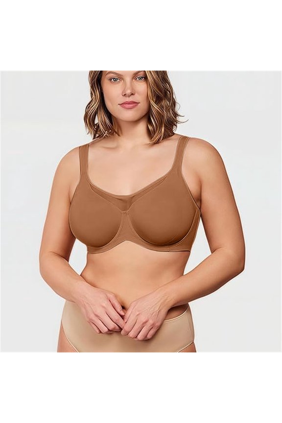 Plus Size Full Coverage Underwire Bra for Women Unlined T-Shirt Minimizer Bra Heavy Breast Large Bust Seamless Coolcomfort Everyday Bra Wide Strap Breathable Support, Khaki,3885E