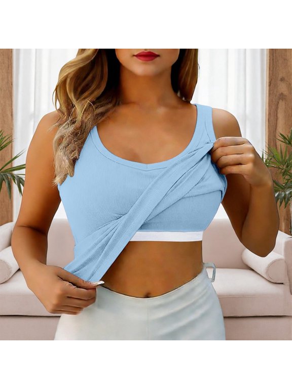 Ribbed Tank Top with Built in Bra for Women Slim Fit Racerback Sleeveless Scoop Neck Summer Casual Going Out Shirts Removable Pads Cami, Light Blue,M