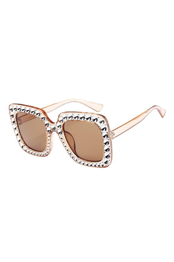 Square Frame Rhinestone Sunglasses for Women, Oversized Bling Crystal Sun Glasses, UV Protection Street Style Shades, Brown, One Size