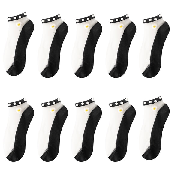 Siminsem Toes Home Womens Casual Cute Mesh Splice Beaded Short Socks 10 Pairs Breathable Lace Trim See Through Sheer Ankle Socks Hollow Out Summer Dress Socks, Black, One Size