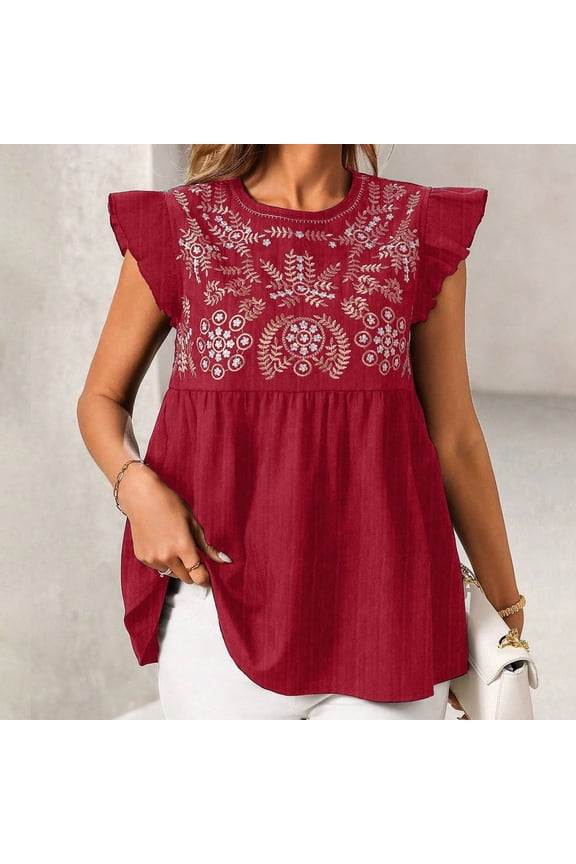 Trendy Textured Top for Women Embroidery Detail Pleated Long Sleeve Loose Flowy Blouse with Decorative Button Trim for Vacation Party Hiking, Red, 2XL