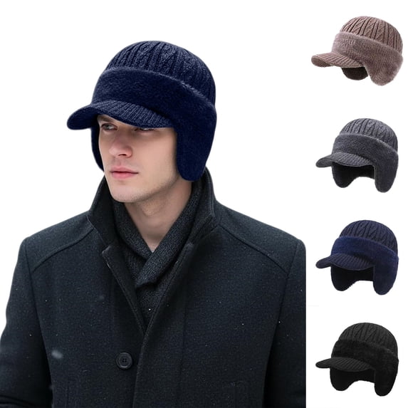 Siminsem UniWinter Beanie with Brim and Ear Flaps Warm Fleece Lined Knit Hat Stocking Cap Thermal Ski Outdoor Cold Weather Hat for Men Women 1 Pack, Black,One Size