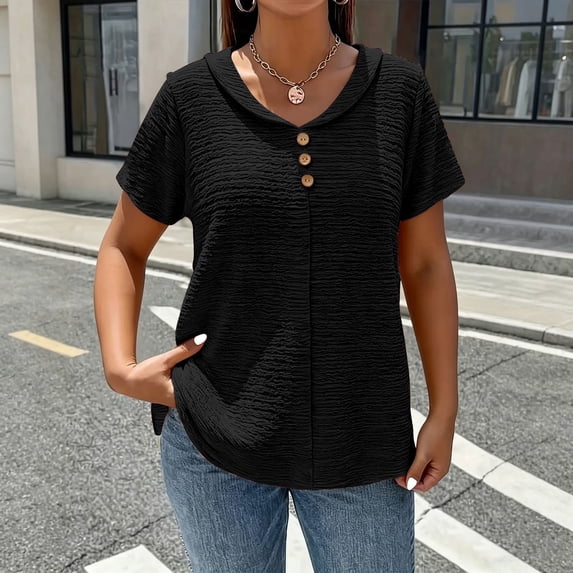 Siminsem V Neck Textured Button Decor Top for Women Loose Short Sleeve Casual Pullover Tunic Blouse Dressy Loose Fit Cute Casual Top for Daily Outfits, Black, XL