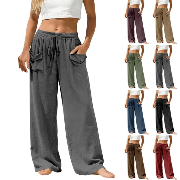 Siminsem Wide Leg Linen Pants for Women Elastic Waist Cotton Blend Casual Trousers with Pockets Loose Flowy Summer Beach Work Vacation Outfit High Waist 2026, Grey, L