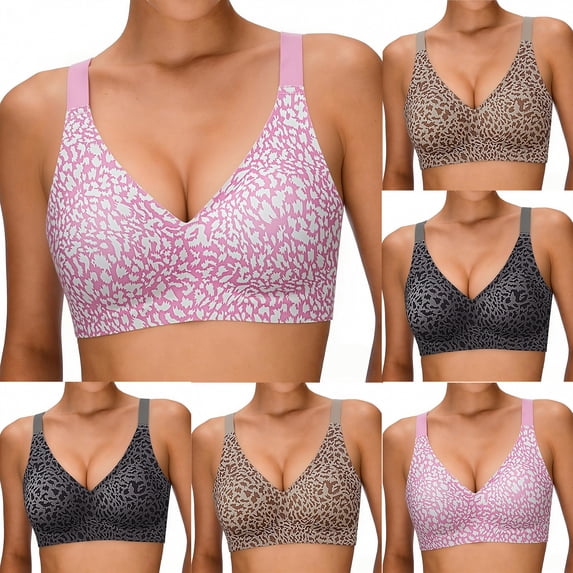 Siminsem Wireless Jelly Bra for Women Seamless Push Up Full Coverage Leopard Print No Underwire Comfortable T-Shirt Bra Adjustable Straps Everyday Sleep Lounge Support Bras, Pink,L