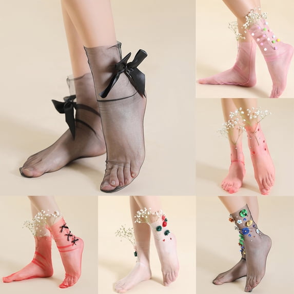 Siminsem Women Lace Ankle Socks 1 Pairs Ruffle Fishnet Ankle Socks for Ladies Sheer Mesh Breathable Hollow Out Dress Stockings See-Through Elastic Summer Socks Lace Trim Frilly, Black, One Size