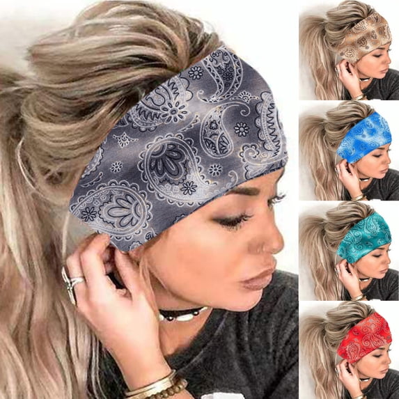 Siminsem Women Wide Headbands for Yoga Non Slip Elastic Turban Head Wrap Stretchy Hair Band for Daily Workout Fashion Boho Printed Bandana Hair Accessories, Grey, One Size