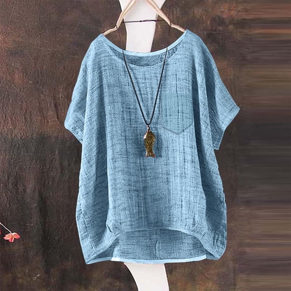 Siminsem Women's 2026 Summer Linen Blouse Short Sleeve V Neck Loose Fit Casual Tunic Top Lightweight Breathable Business Casual Shirts Spring Work Clothes, Sky Blue, 4XL