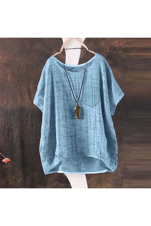 Women's 2026 Summer Linen Blouse Short Sleeve V Neck Loose Fit Casual Tunic Top Lightweight Breathable Business Casual Shirts Spring Work Clothes, Sky Blue, 4XL