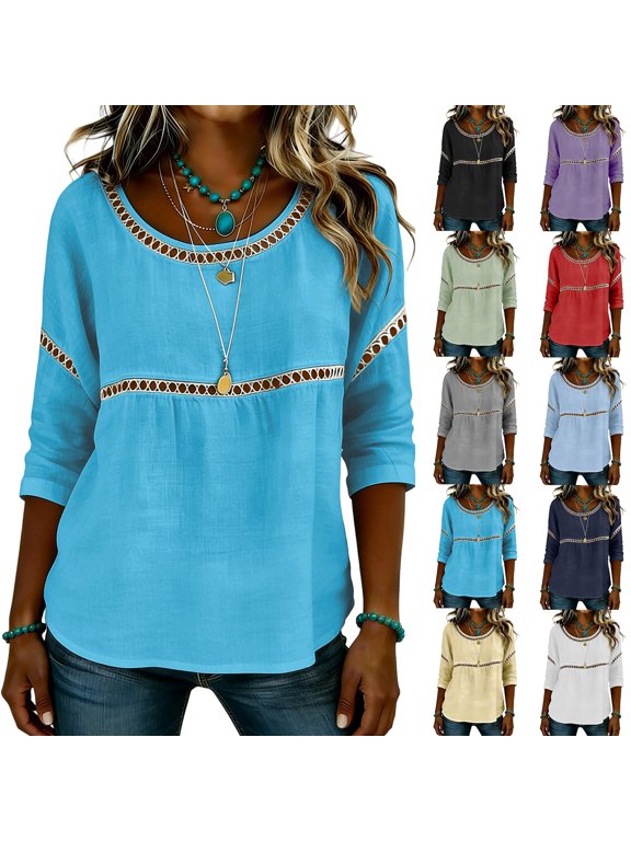 Women's 3/4 Sleeve Blouses Lace Patch Design Round Neck Loose Fit Casual Tops Trendy Spring Summer 2026 Dressy Work Shirts Daily Commute, Sky Blue, L